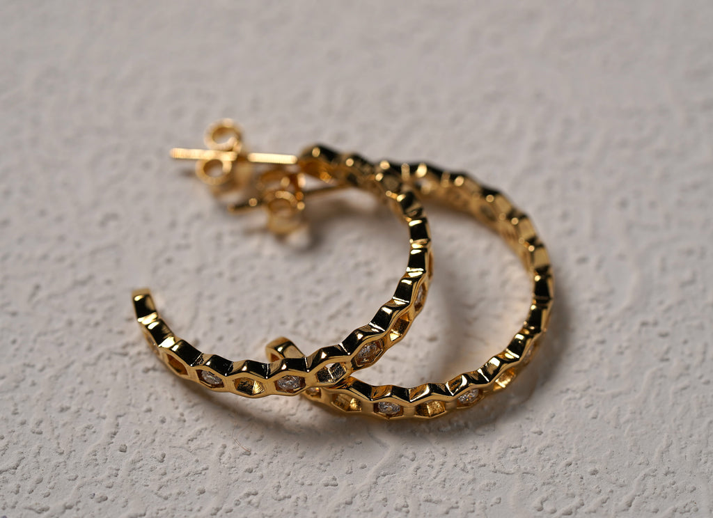Gold Plated Honeycomb Hoop Earrings with Cubic Zirconia