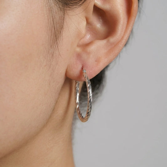 Sterling Silver Hoop Earing with Unique Striped Texture | Sterling Silver Hoop Earrings with Unique Textured Stripe