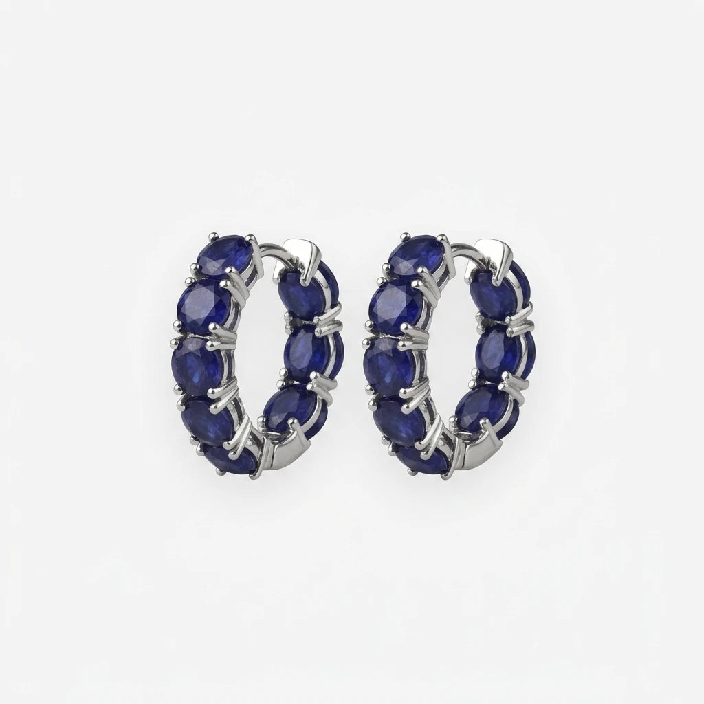 natural sapphire set on sterling silver hoop earrings