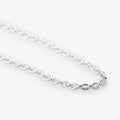 A close-up of a polished silver belcher chain necklace with oval links, shown against a clean white background.