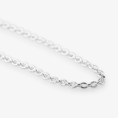 A close-up of a polished silver belcher chain necklace with oval links, shown against a clean white background.