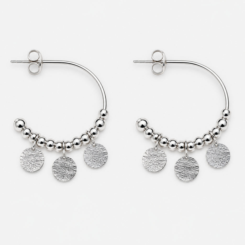 925 Sterling Silver C-Style Hoop Earring with Silver Glass Ball and Hand Hammered Adornment