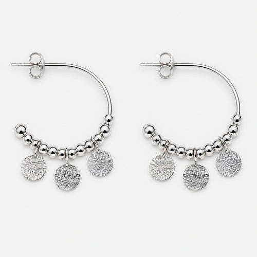 925 Sterling Silver C-Style Hoop Earring with Silver Glass Ball and Hand Hammered Adornment