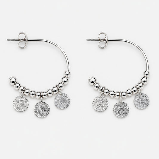925 Sterling Silver C-Style Hoop Earring with Silver Glass Ball and Hand Hammered Adornment