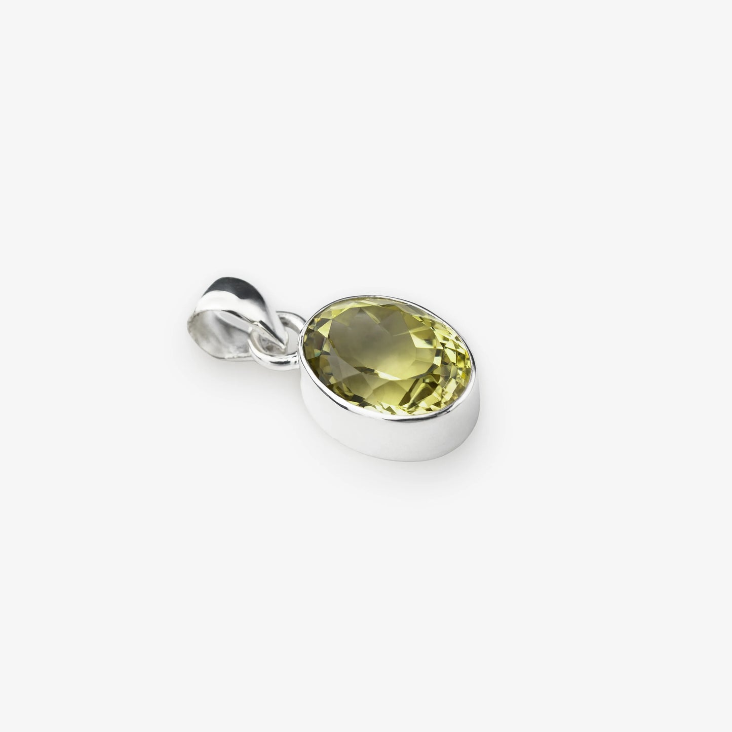 Silver pendant with a yellow lemon quartz gemstone on a white background