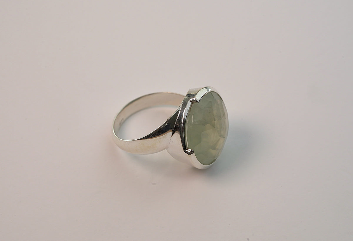  Sterling Silver Big Green Moonstone Cut Ring