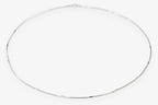 A delicate silver chain necklace arranged in a loose circle on a plain white background.