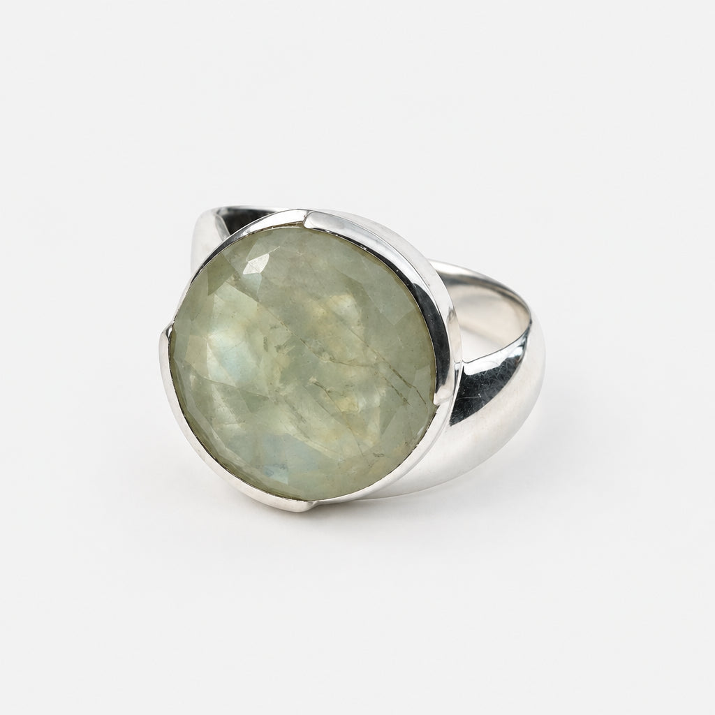  Sterling Silver Chunky Green Moonstone Cut Ring