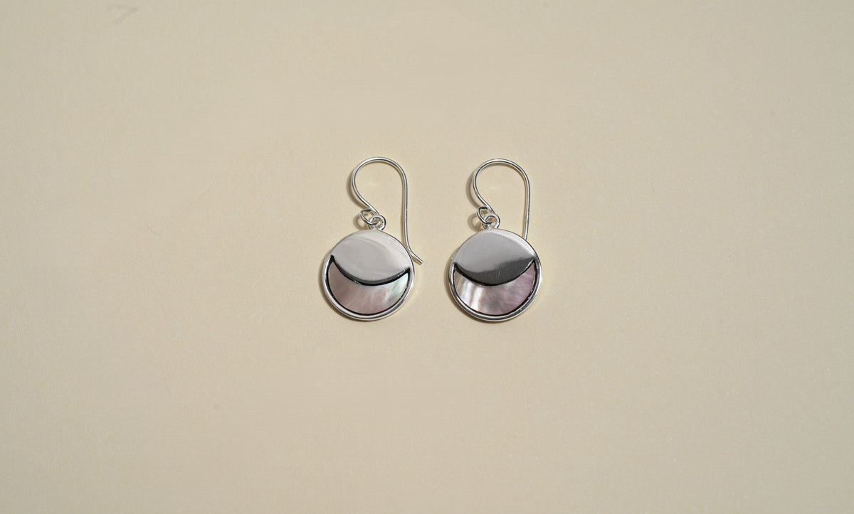 Sterling Silver Circle Moon Earrings with Black Opal