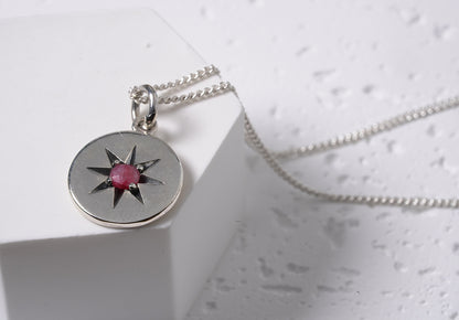 Sterling Silver Circle Pendant with Engraved Star and Natural Red Onyx Stone