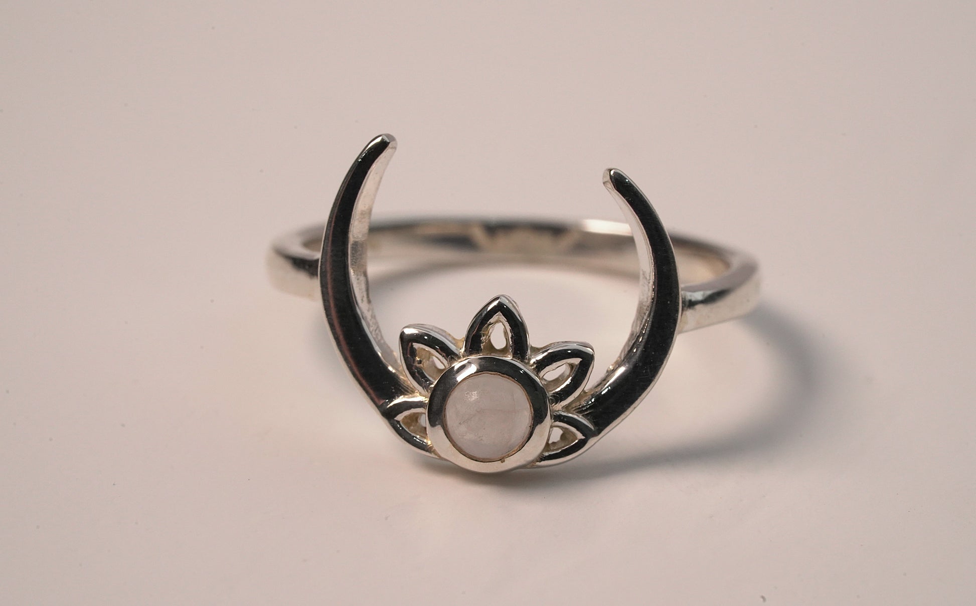 Sterling Silver Crescent Moon with Lotus Moonstone Ring