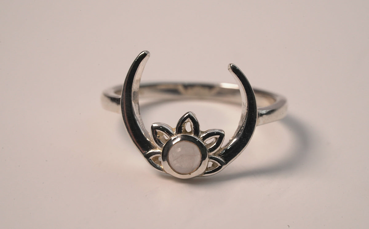 Sterling Silver Crescent Moon with Lotus Moonstone Ring