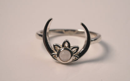 Sterling Silver Crescent Moon with Lotus Moonstone Ring
