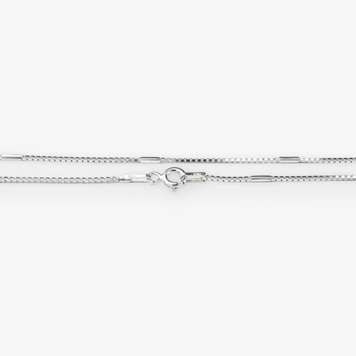 A silver-toned chain necklace with a lobster clasp, shown horizontally against a plain white background.