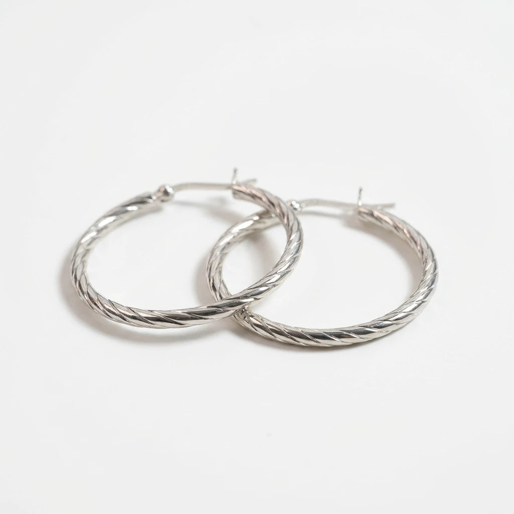 Sterling Silver Hoop Earing with Unique Striped Texture | Sterling Silver Hoop Earrings with Unique Textured Stripe