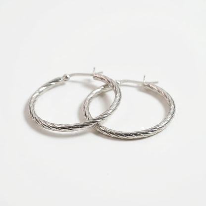 Sterling Silver Hoop Earing with Unique Striped Texture | Sterling Silver Hoop Earrings with Unique Textured Stripe