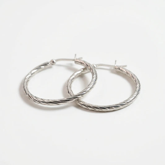 Sterling Silver Hoop Earing with Unique Striped Texture | Sterling Silver Hoop Earrings with Unique Textured Stripe