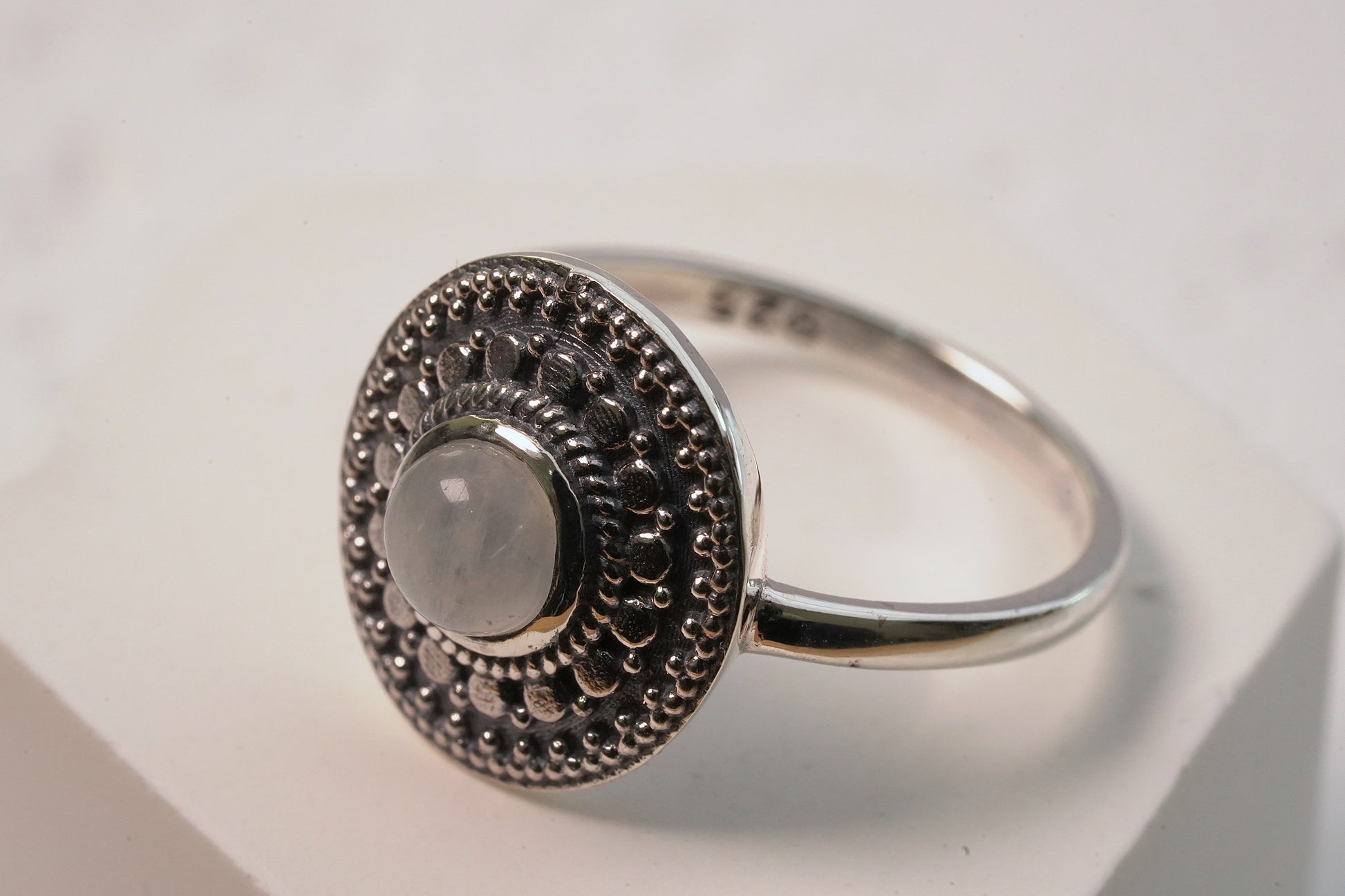 Sterling Silver Mandala Natural White Moonstone Ring