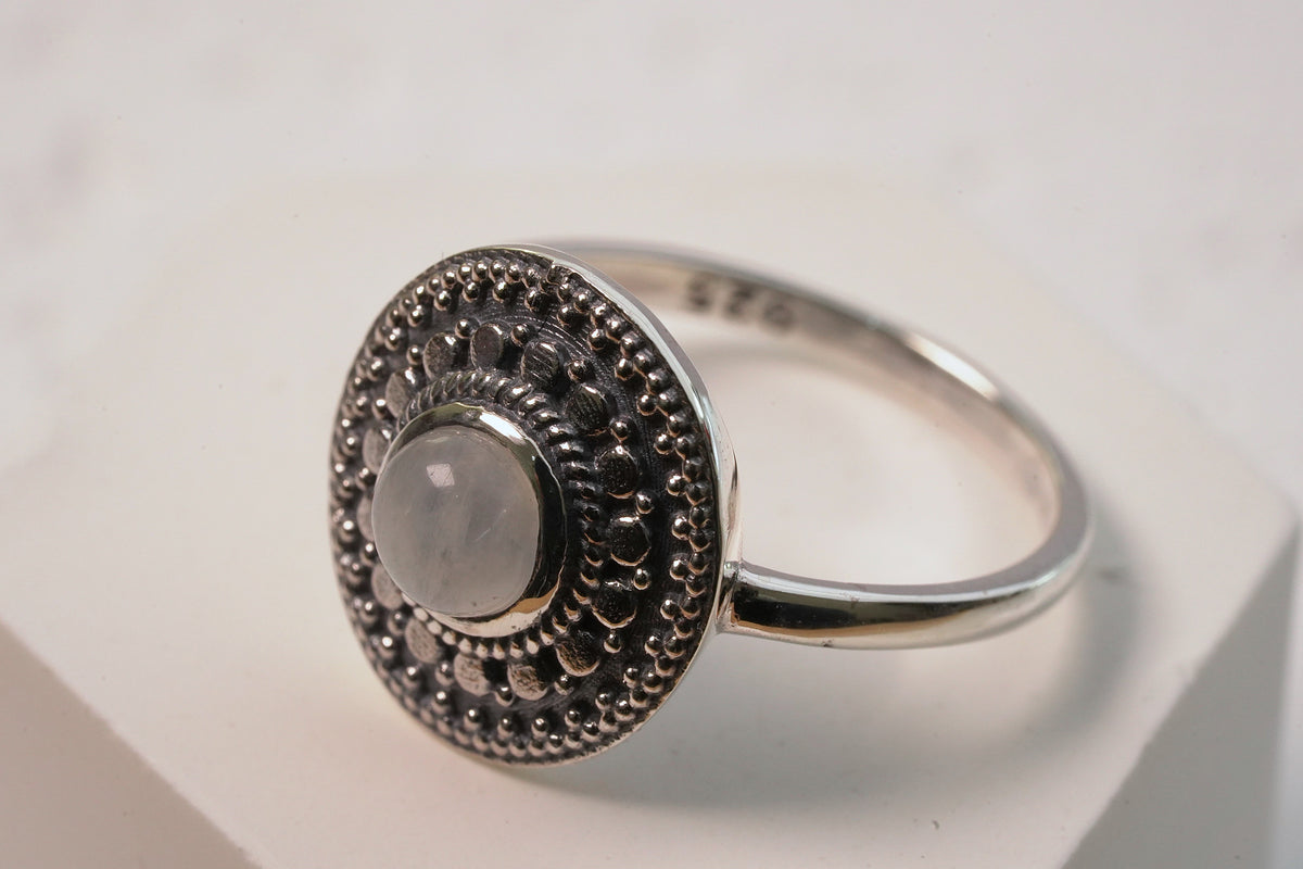 Sterling Silver Mandala Natural White Moonstone Ring