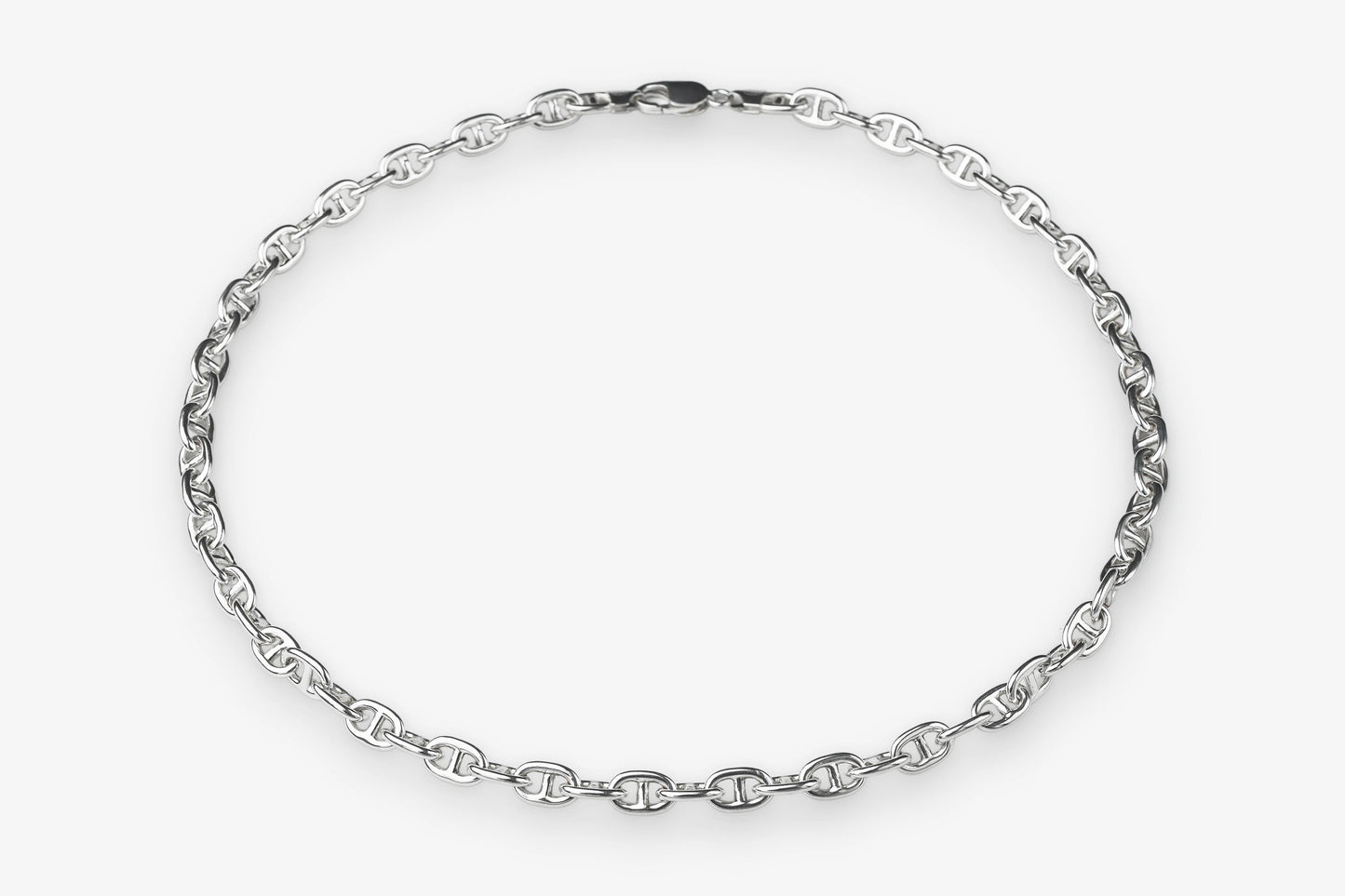A sterling silver D link mariner chain necklace with a twisted rope link design, displayed in a circular shape against a clean white background.