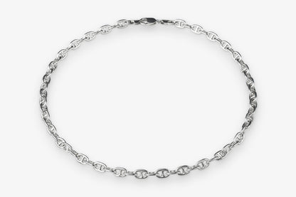 A sterling silver D link mariner chain necklace with a twisted rope link design, displayed in a circular shape against a clean white background.