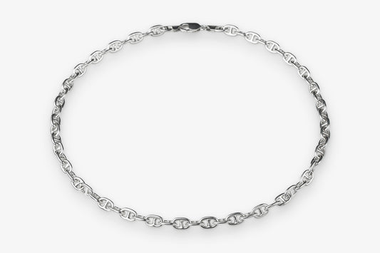 A sterling silver D link mariner chain necklace with a twisted rope link design, displayed in a circular shape against a clean white background.