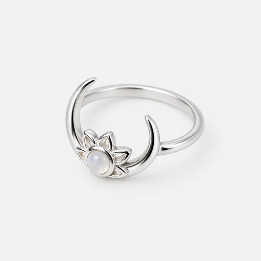 Sterling Silver Moon with Lotus Moonstone Ring