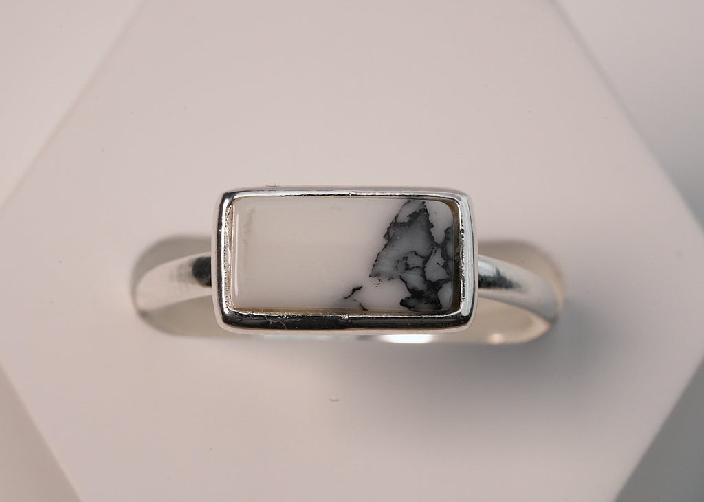 Sterling Silver Natural Marble Gemstone Rectangle Ring