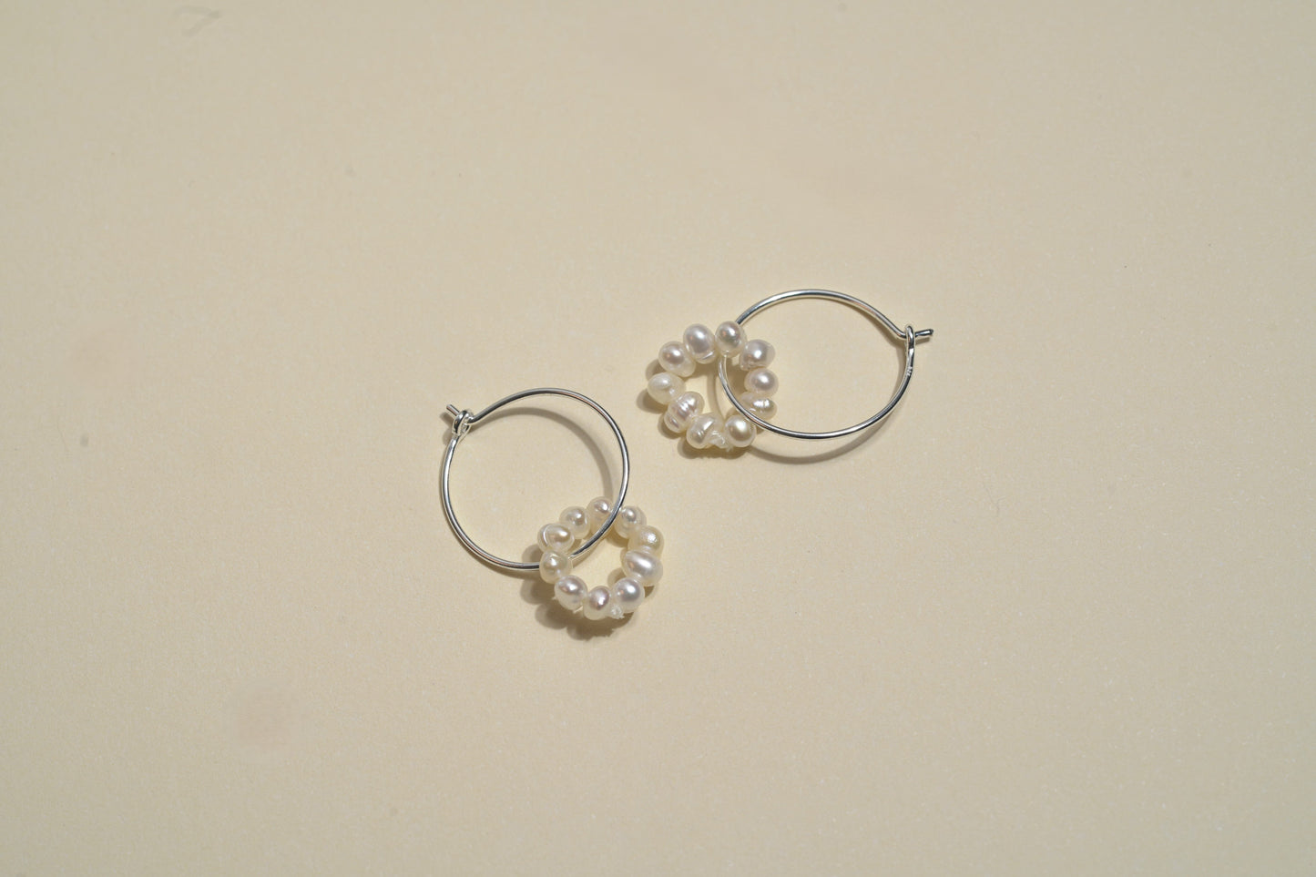 Wire Hoop Silver Earing with Mother of Pearl Beaded Circle - Griha Threads & Treasure