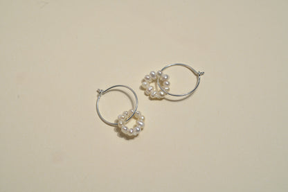 Wire Hoop Silver Earing with Mother of Pearl Beaded Circle - Griha Threads & Treasure