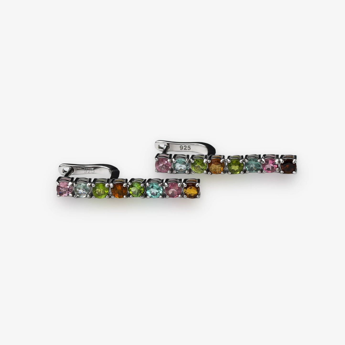 Stunning multicolour tourmaline gemstone drop earrings set in 925 sterling silver tennis drop style on clean white background