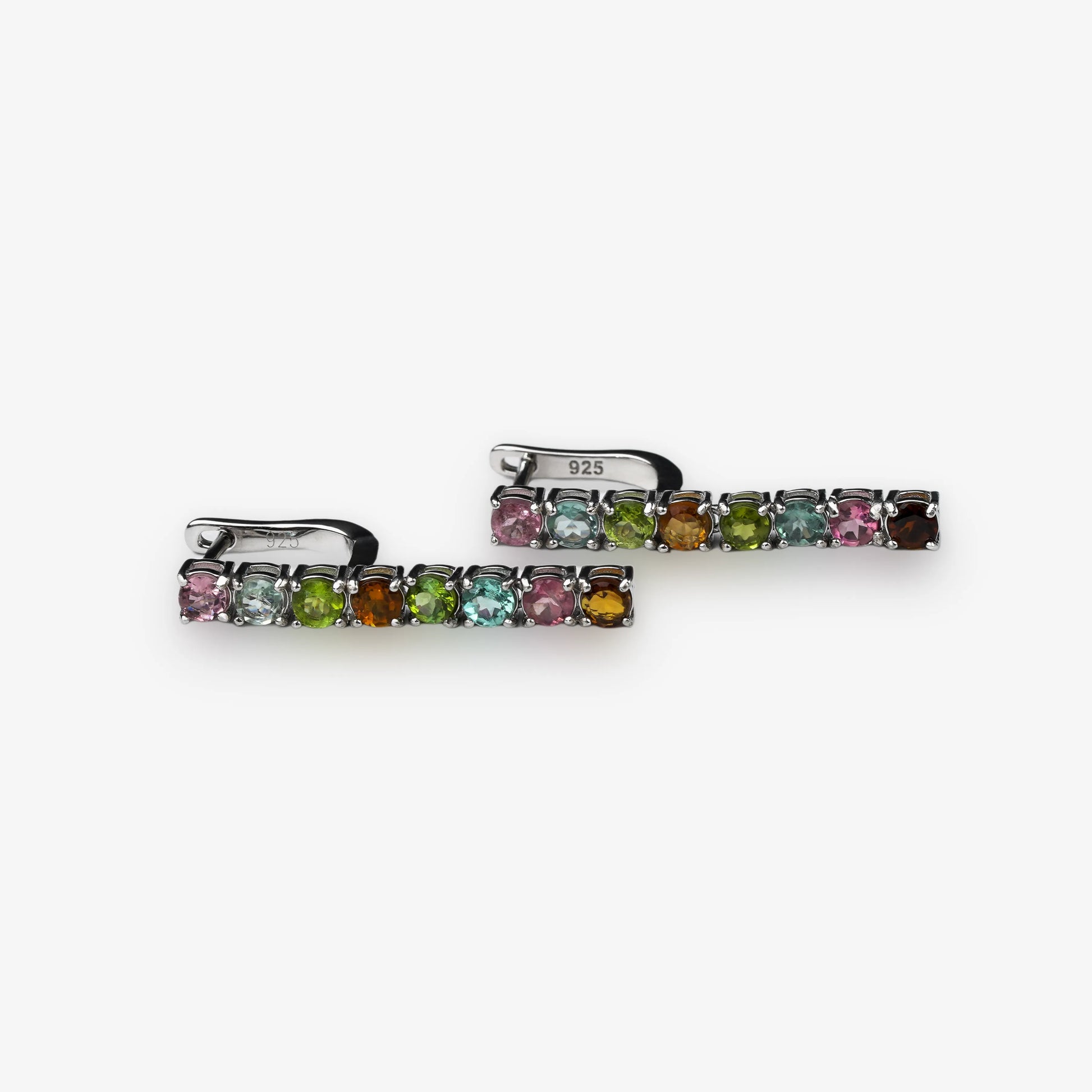 Stunning multicolour tourmaline gemstone drop earrings set in 925 sterling silver tennis drop style on clean white background