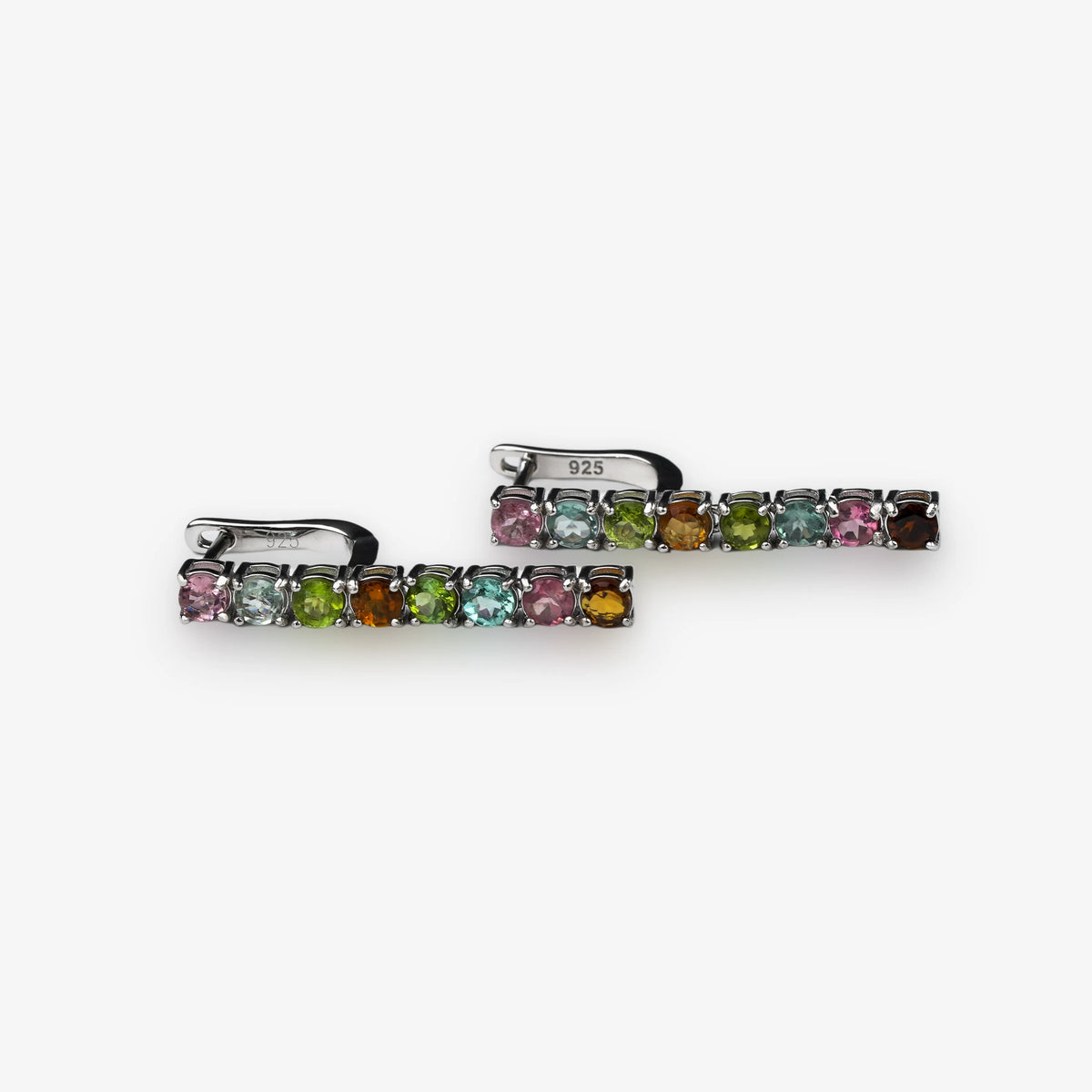 Stunning multicolour tourmaline gemstone drop earrings set in 925 sterling silver tennis drop style on clean white background