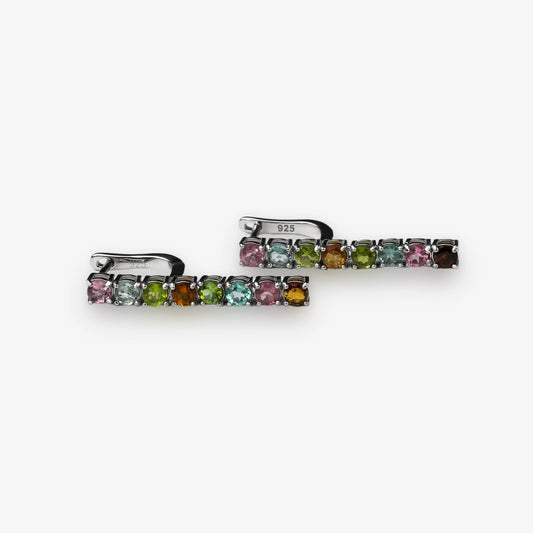Stunning multicolour tourmaline gemstone drop earrings set in 925 sterling silver tennis drop style on clean white background