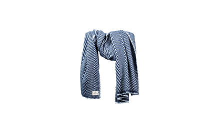 Blue and white patterned scarf on a white background- GRIHA