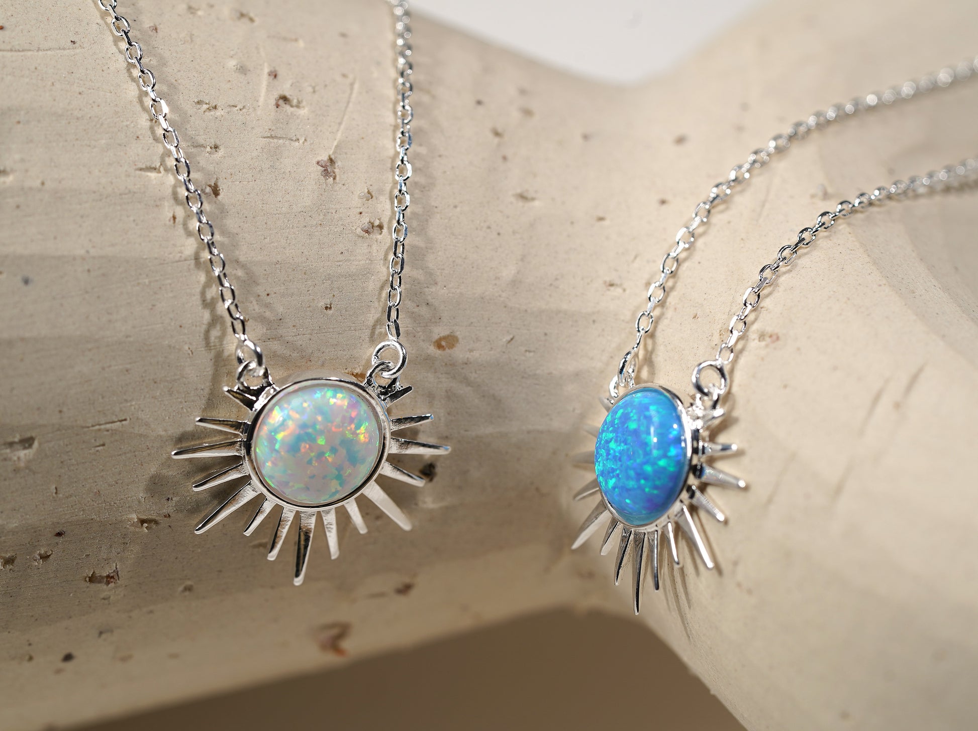 925 Sterling Silver Sunburst Necklace with Blue and White Opal - Griha Threads & Treasure