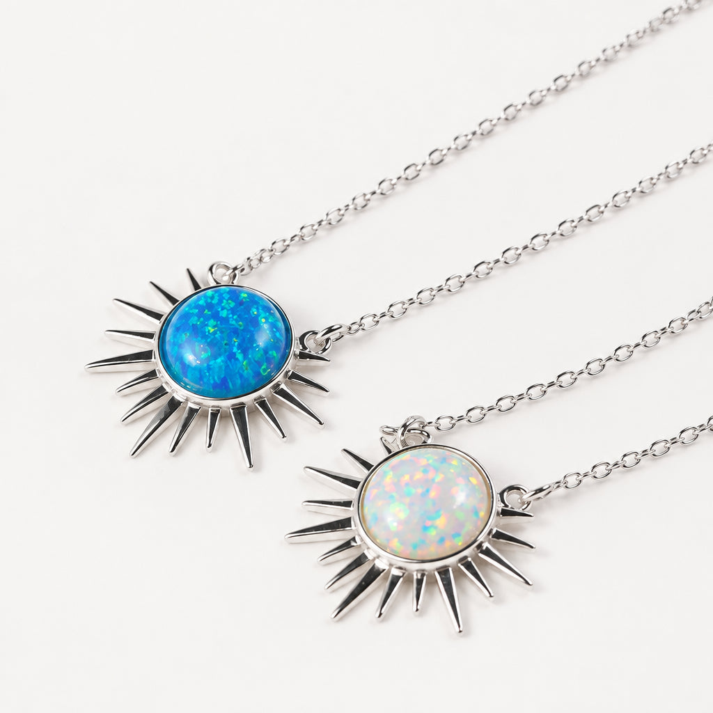 925 Sterling Silver Sunburst Necklace with Blue and White Opal - Griha Threads & Treasure
