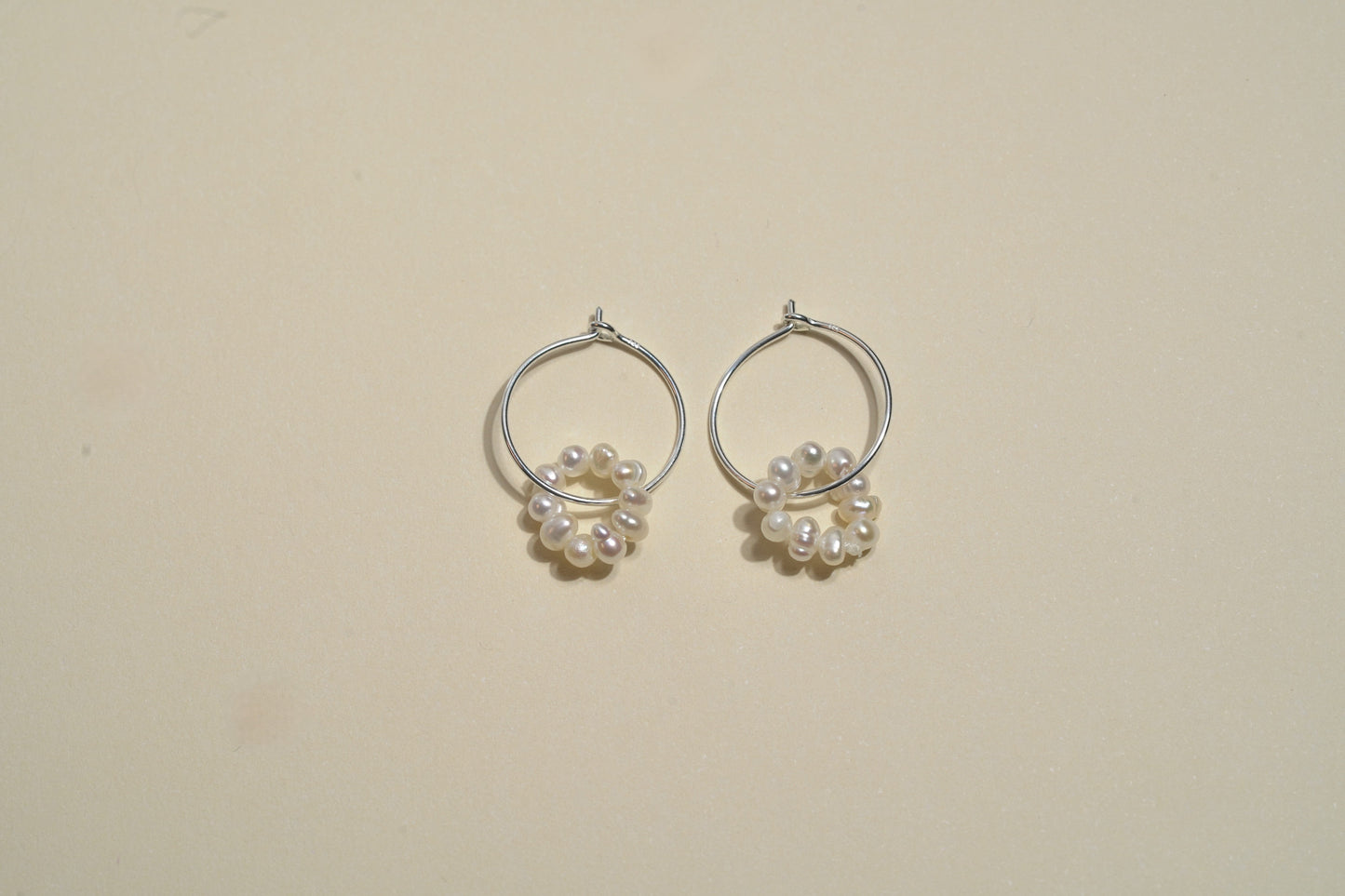 Wire Hoop Silver Earing with Mother of Pearl Beaded Circle - Griha Threads & Treasure