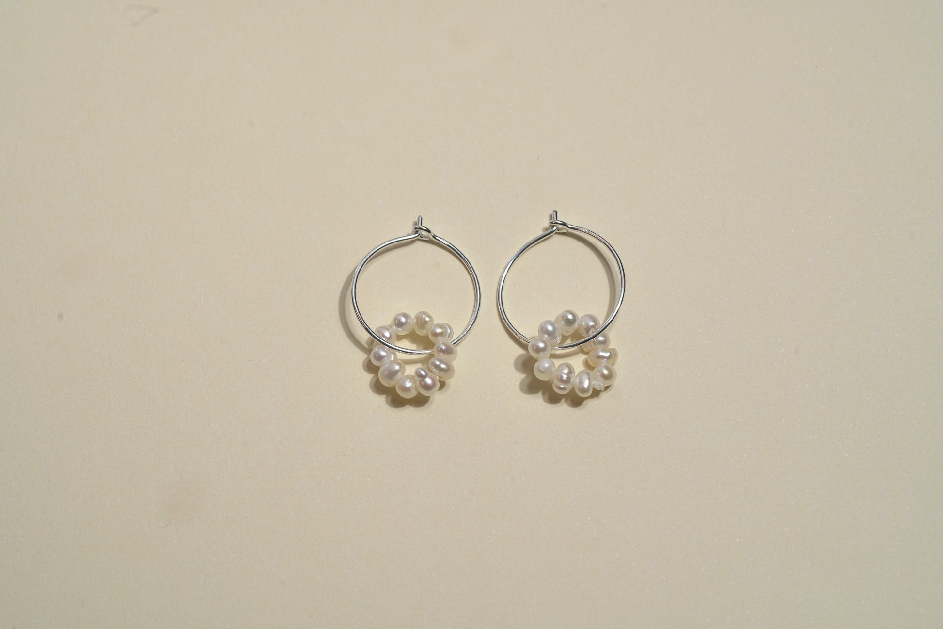 Wire Hoop Silver Earing with Mother of Pearl Beaded Circle - Griha Threads & Treasure