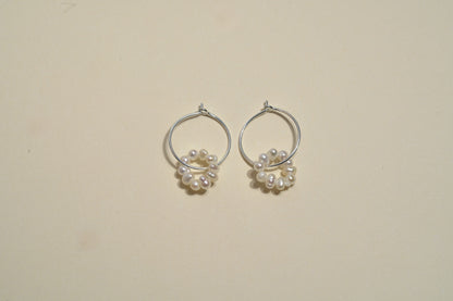 Wire Hoop Silver Earing with Mother of Pearl Beaded Circle - Griha Threads & Treasure