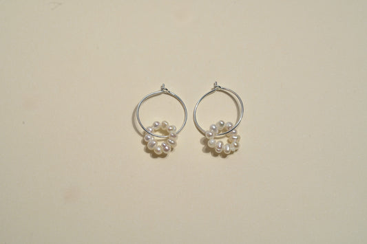 Wire Hoop Silver Earing with Mother of Pearl Beaded Circle - Griha Threads & Treasure