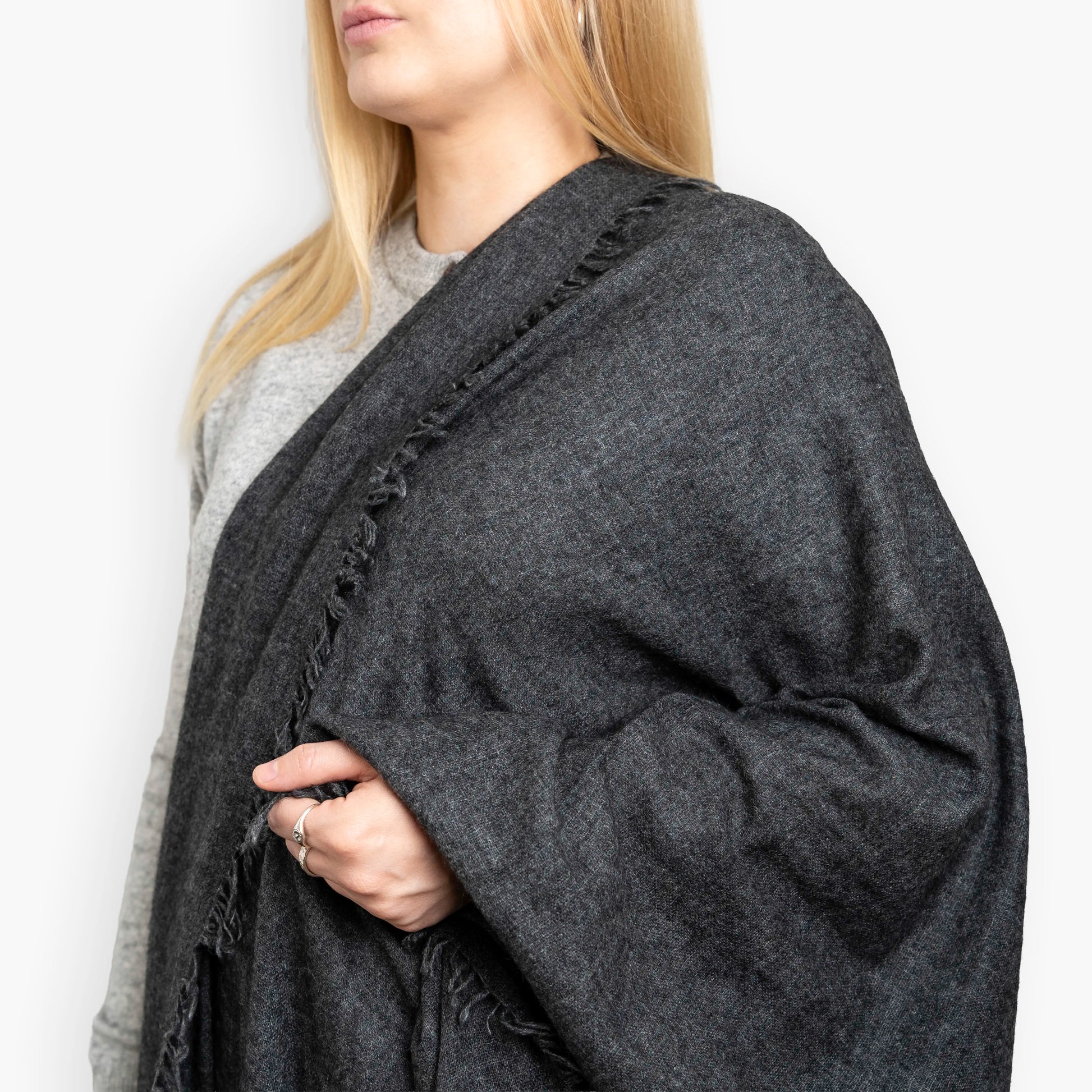 Charcoal Pure Yak Wool Shawl close-up, cashmere-soft weave