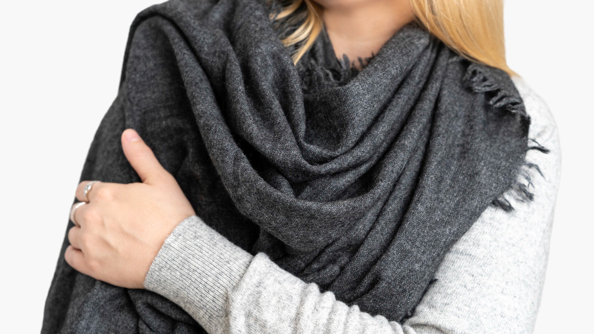 Charcoal Pure Yak Wool Shawl with Griha label showing 100% yak wool, made in Nepal