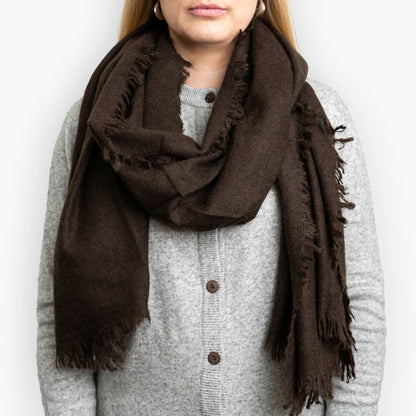 Chocolate Brown Pure Yak Wool Shawl draped around shoulders