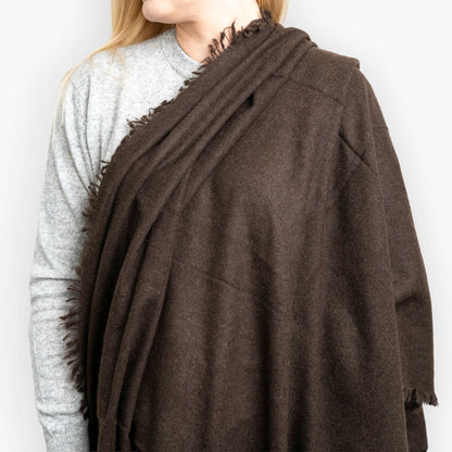 Chocolate Brown Pure Yak Wool Shawl showing hand-frayed fringe edging