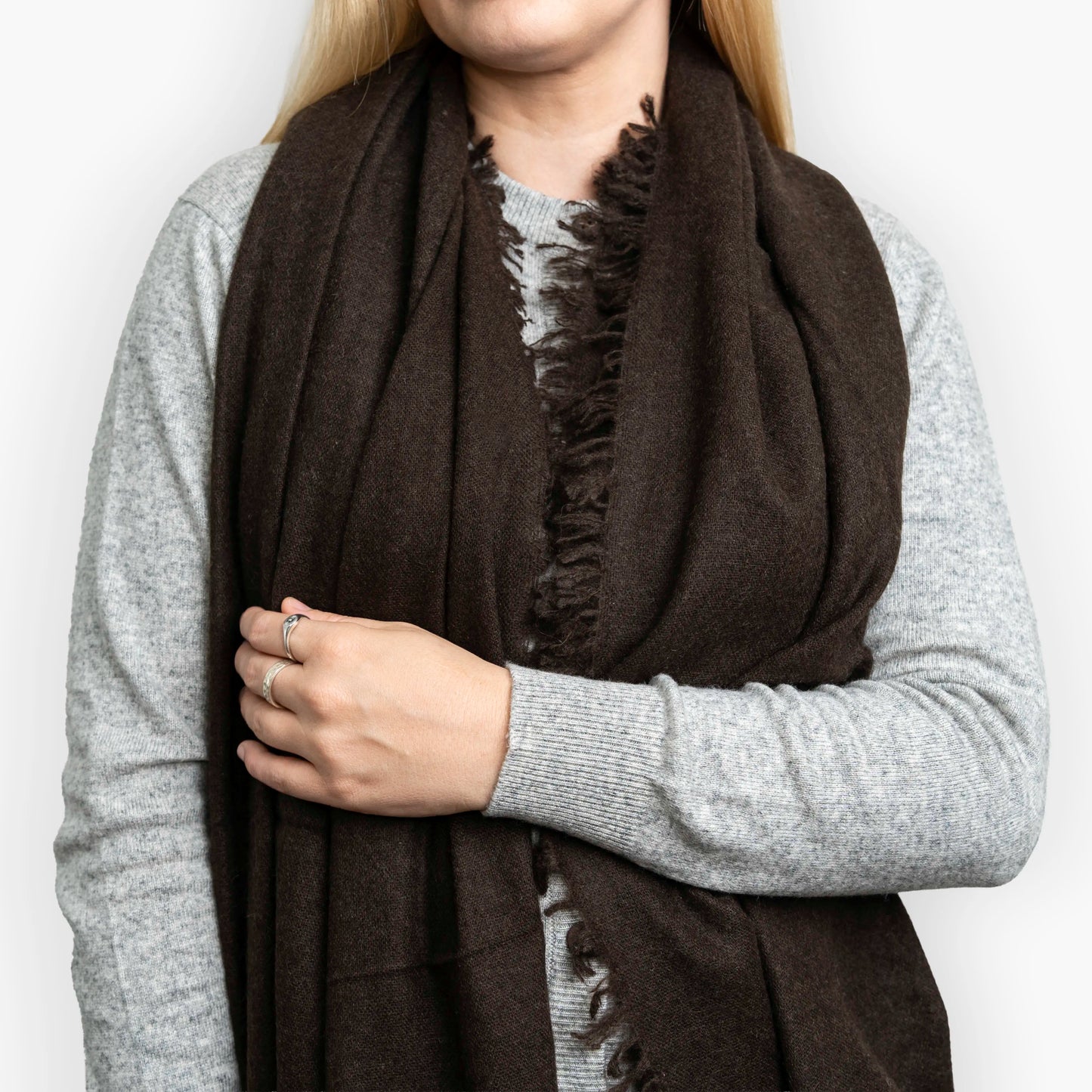 Chocolate Brown Pure Yak Wool Shawl styled as a wrap