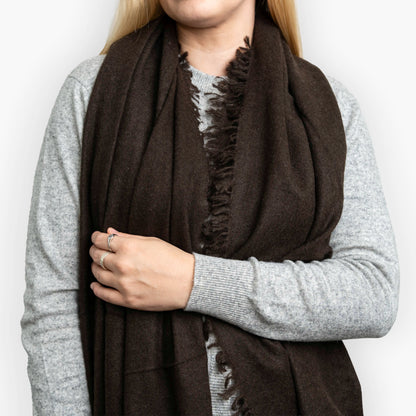 Chocolate Brown Pure Yak Wool Shawl styled as a wrap