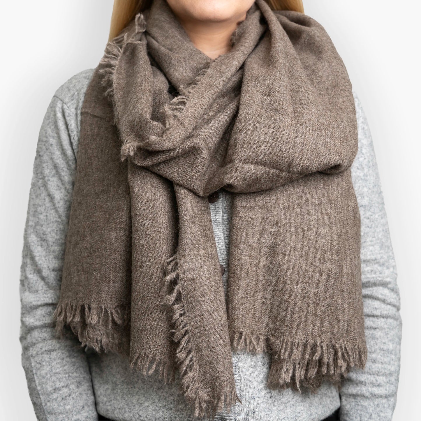 Dark Brown Pure Yak Wool Shawl draped, cashmere-soft weave