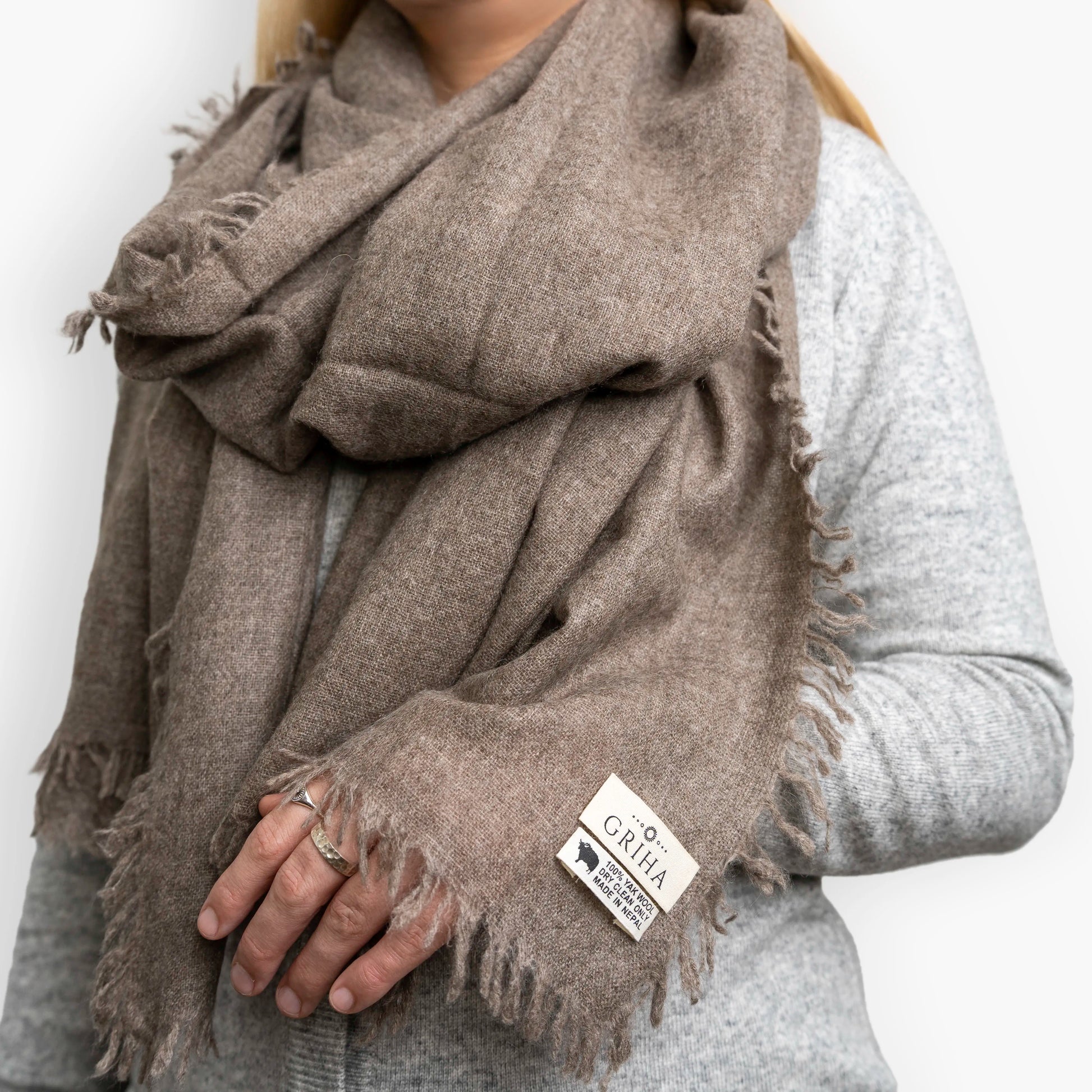 Dark Brown Pure Yak Wool Shawl with Griha label, 100% yak wool made in Nepal
