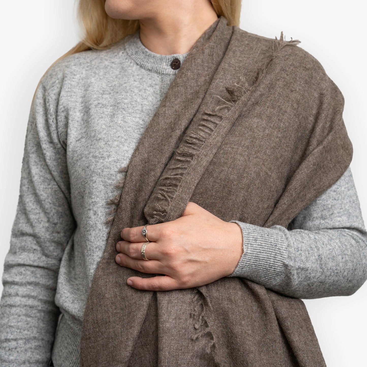 Dark Brown Pure Yak Wool Shawl showing hand-frayed fringe edging